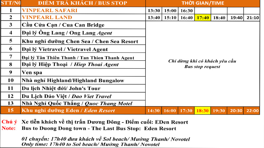 Lịch xe buýt trả khách từ Vinpearland - Dương Đông
